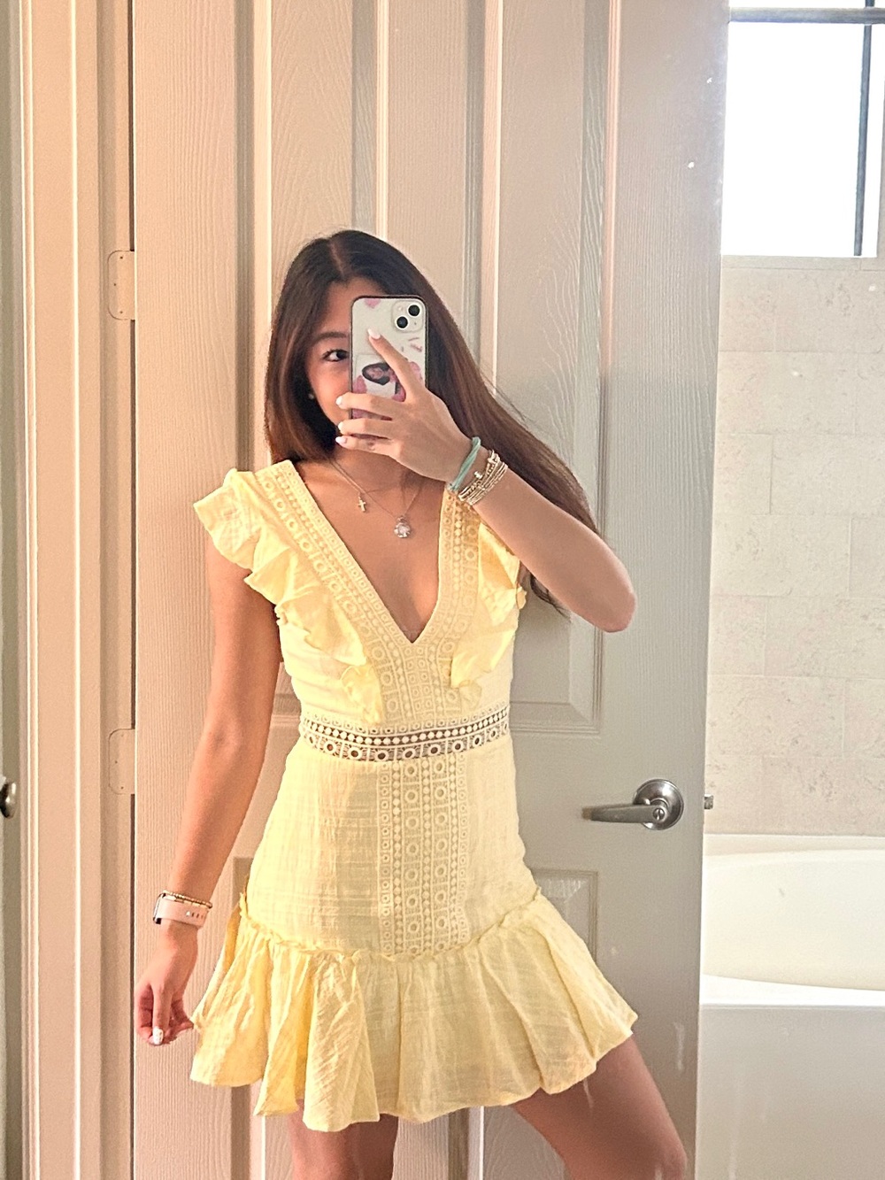 Francesca's Yellow Eyelet Ruffle Mini Dress